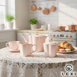 Elegante Servizio <span class=keywords><strong>da</strong></span> Tè in Porcellana Rosa con Bordo Dorato e Coperchio con Pomello a Diamante, Include Teiera, Tazza, Piattino e Zuccheriera per il Tè del Pomeriggio - Product Image 2