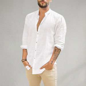 Chemise homme automne formelle unie à manches longues en lin et coton anti-boulochage respirante écologique - Product Image 6