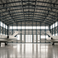 Hangar d'entretien à double jet avec poutres en acier, fenêtres pleine hauteur, sol poli et accès par le devant