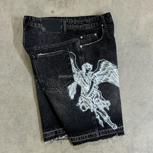 شورت جينز رجالي بمقاسات كبيرة بتصميم مخصص وطباعة شاشة وتأثير باهت ومغسول وحواف خام من الشركة المصنعة - Product Image 2