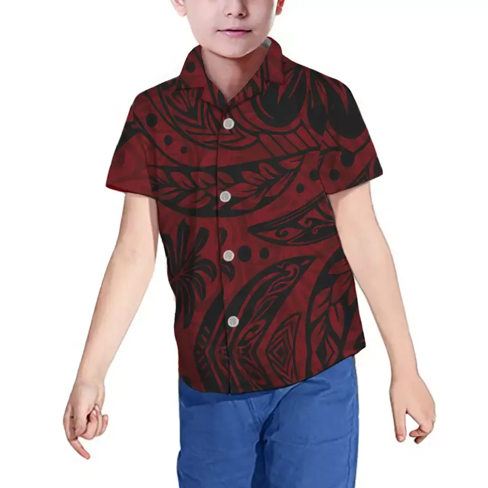 新しいデザインキッズアロハシャツポリネシアンプリントシャツ半袖ハワイアンファブリックシャツ男の子子供服卸売
