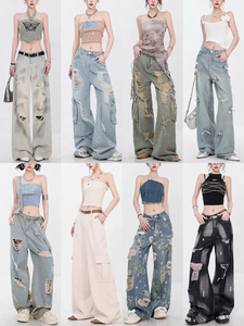 Jeans à jambe large et ample, style rétro américain, avec des trous et des patchs de style graffiti, couleur claire, tendance, déchirés, peints, <span class=keywords><strong>tube</strong></span> droit - Product Image 3