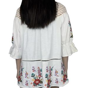 Blusa de Verano para Mujer, Nueva, Informal, de Algodón y Lino, con Bordado, Encaje Blanco, Manga Corta, Estampado Floral, Cuello Redondo, Talla XS - Product Image 2
