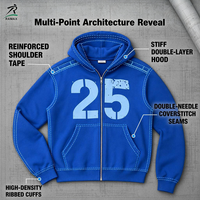 Sweat à capuche zippé bleu RAMAX 400 GSM épais avec motif numéro 25, style streetwear Y2K pour homme, commande en gros personnalisée, MOQ 50 pièces