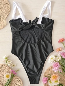 Custom Women's <b>Tummy</b> <b>Control</b> Sexy Sweetheart Neckline One-Piece Swimsuit Black and White Contrast Trim Bathing Suit - Product Image 3