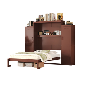 Modern Queen Size Murphy <b>Bed</b> Solid <b>Pine</b> Wood Full Wall <b>Bed</b> Wardrobe Storage Shelf Foldable Platform Bedframe Guest-Room Bedroom - Product Image 1