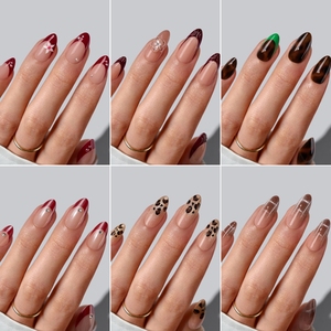 BTARTBOX Luxury Medium Almond False Fake Nails with Glue Wholesale Soft <b>Gel</b> Brown 3D Flower French Tip Press on Nails <b>Kit</b> - Product Image 4