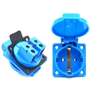 Blue EU Waterproof Industry Socket With Spring Cover 16A 250V 2P+E 2 Pin German Schuko Outlet IP44