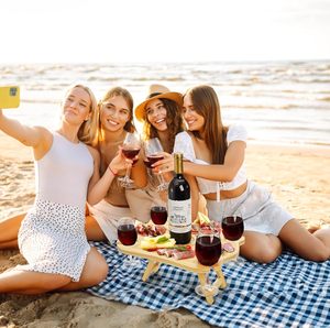 Tavolo da Picnic Portatile Pieghevole, Vassoio per Snack da Picnic in Bambù con Portabicchieri per Vino, Ideale per Parco, Spiaggia e Viaggi - Product Image 3