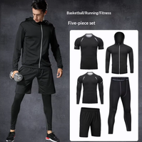 Ensemble de sport cinq pièces pour homme, séchage rapide, manches longues, couleur unie, coupe ajustée, en soie de lait, élasthanne et polyester, pour le fitness