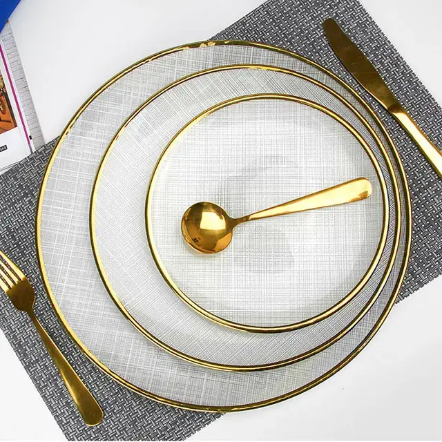 Luxury Minimalist High Quality Glass Plates Dinnerware Charger Plates Round White Dinner Plate Set With Gold Rim for Wedding