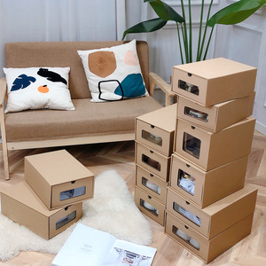 Thickened Kraft Paper Drawer Shoe <b>Boxes</b> Rectangle <b>Folding</b> Cardboard Box With Transparent Window For <b>Storage</b> Organizing - Product Image 1