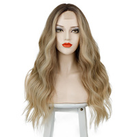 Perruque synthétique longue ondulée avec dentelle frontale pour femme, résistante à la chaleur, marron blond, avec raie en T, en fibre haute température, ajustable, petite taille