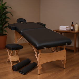 Lettino da Massaggio D0100H7WVDJ, Spessore 3,9'', Pieghevole a 2 Zone, con Sgabello, Telaio in Legno Nero, Spugna ad Alta Densità, Poggiatesta Integrato - Product Image 2