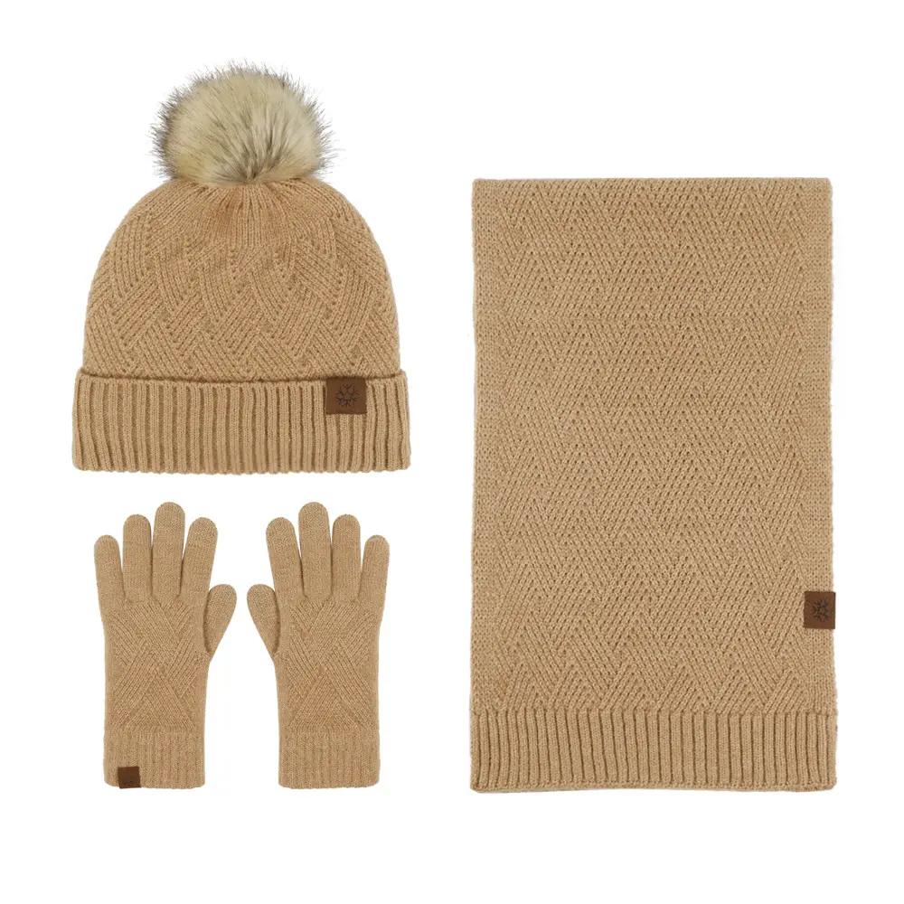 Gorro con pompón de alta calidad, bufanda polar cálida, conjunto de guantes con pantalla táctil para mujer