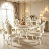 Ensemble de table à manger en marbre de style rococo français, chaises en bois massif sculptées à la main, revêtement en cuir capitonné, meubles de salle à manger rotatifs pour la maison