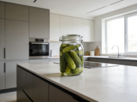 Îlot de cuisine moderne modulaire en bois avec portes en MDF et contreplaqué, finition mélaminée laquée, évier et robinet en acier inoxydable, et pied de meuble.