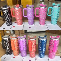 Gobelet de voiture grande capacité 40 oz avec poignée, motif Macaron, Tie-Dye Vache, Marbre, Logo personnalisé, en acier inoxydable à double paroi