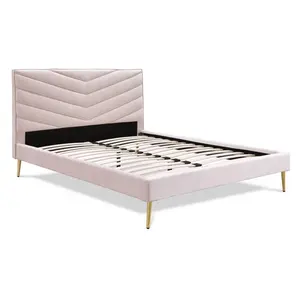 Mid century Cushioned headboard with chevron tufted stitching Dreamy plush pink velvet fabric upholstery queen platform bed