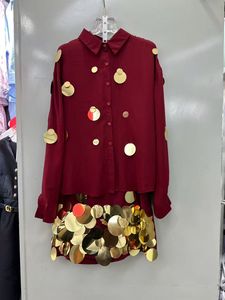 Nouvelle <span class=keywords><strong>collection</strong></span> A12130 : Ensemble haut court à manches longues à simple boutonnage + jupe patchwork à sequins - Product Image 3