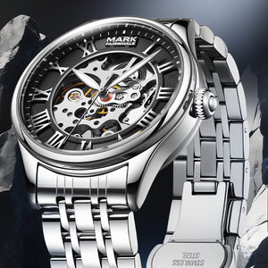 Montre automatique squelette Mark Fairwhale pour homme, cadran à chiffres romains, boîtier en acier inoxydable, étanche, lumineuse, montre sport - Product Image 1