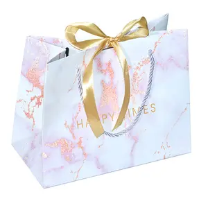 Bolsa reciclável para casamento, bolsa de papel para casamento, reciclável e personalizada, sacos de papel de compra de mármore branco