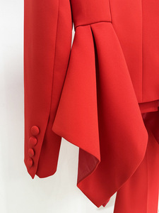 2025 Designer Inspired Solid Pattern Ensemble for Women Red Ruffled BlazerJacket <b>Set</b> with Flared Pants Office Lady Style - Product Image 6