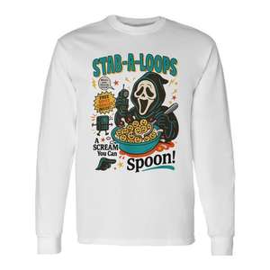 Camiseta de manga larga unisex para adulto con cuello redondo y estampado serigrafiado, diseño de caja de cereales de terror Stab A Loops, temática de Halloween, desayuno de asesinos - Product Image 1