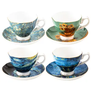 Van Gogh pintura Popular hueso fino China taza de café y platillo conjunto reutilizable Latte taza logotipo personalizado Blanco japonés hecho a mano