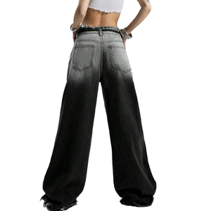 Pantalones vaqueros de mezclilla de mujer al por mayor, de cintura baja, con degradado, flecos sin rematar, cintura con cordón, pierna recta hasta el suelo, holgados y de pierna ancha - Product Image 5