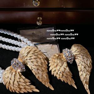 Sotheby's Vintage pluma dorada Flash diamante perla collar traje Deep Sea Shell Beads niños aleación alas gema broche alfileres - Product Image 4