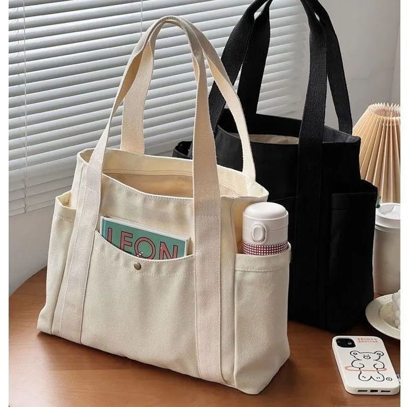 Custom Size Logo Multi Pockets Student Commuting Canvas Tote Shoulder Bag with Side Bottle Holder