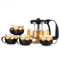 Ensemble théière portable BAMBUS en verre borosilicate haute résistance avec filtre en acier inoxydable et manchons isolants, 5 pièces (1 théière + 4 tasses)