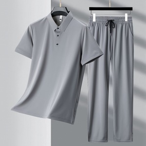 Hochwertige 2025 Männer Sommer Hot Sale Casual Anzüge Button Stand Kragen Polo Shirt Lange Hose 2-teiliges Set Kurzarm Tops - Product Image 3