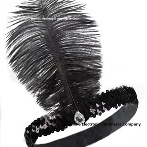 <span class=keywords><strong>Bandeau</strong></span> à plumes noires des années 1920 de Lowosaiwor, accessoire de tête Great Gatsby avec <span class=keywords><strong>ceinture</strong></span> élastique pour mariage - Product Image 4