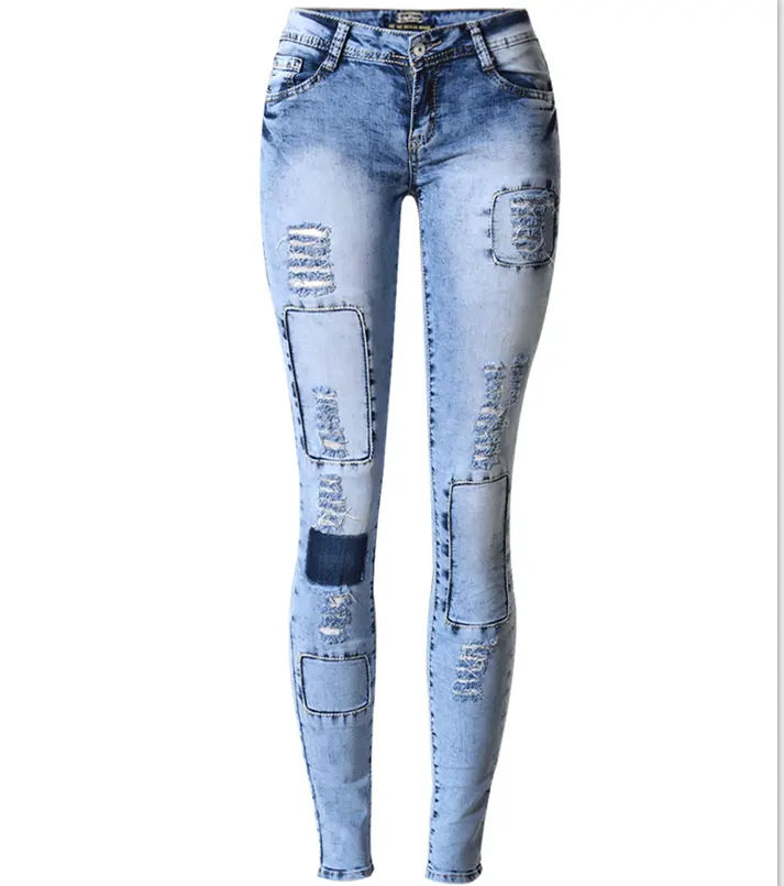 Calça jeans de cintura baixa, calça jeans de cintura baixa plus size rasgada para mulheres com furos