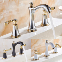 Robinet de lavabo de salle de bain noir et or, robinet en laiton moderne à trois trous, robinet de lavabo à double poignée, mélangeur d'eau froide et chaude