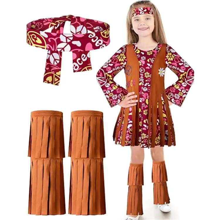 Kids Girls Halloween Cosplay Dress up Party Hippie Costume Hippie Dress Youth Hippie Costume