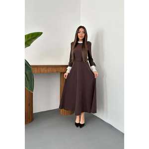 ชุดเดรสทรงเอไลน์สีน้ำตาล คอปกปีเตอร์แพน แขนจีบ เอวทรงธรรมชาติ ผ้าทอเนื้อนุ่ม สวมใส่สบาย - Product Image 5