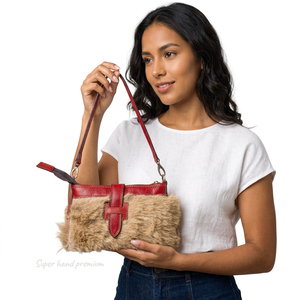 Sac à main vintage en cuir véritable rouge avec fermeture éclair, garniture en fourrure, bandoulière, capacité moyenne - Logo personnalisé, sac de soirée pour femme fait main - Product Image 2