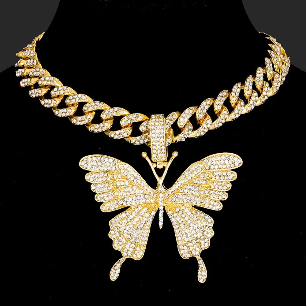 Men Hip Hop Iced Out Bling Butterfly Pendant Necklace With Cuban Chain Necklaces Fashion Charm Jewelry