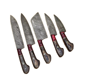 Juego de Cuchillos de Cocina de Acero de Damasco Hechos a Mano, 5 Piezas, con Mango de Madera y Bolsa de Cuero - Product Image 6