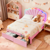 Magisches Teddybett mit bunten Lichtern, die sich zu jedem Rhythmus synchronisieren, USB-C-Anschluss und Aufbewahrungsschubladen, Rosa-Weiß