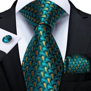 Desain Kustom Green Ties Pria Jacquard Tenun Sutra Leher Dasi dengan Saku Persegi