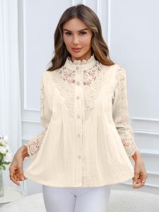 Beige Stand Collar Lace <b>Patchwork</b> Long Sleeve Blouse – Fashionable Women's <b>Shirt</b> for Plus Size - Product Image 2