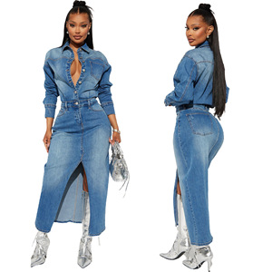 Wholesale New Spring Vintage Tight Waist Denim <strong>Dress</strong> Turndown Collar Button <strong>Dress</strong> Fashion Split Denim Long Denim <strong>Dresses</strong> - Product Image 1