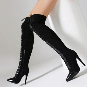 Large Size 48 Lace up Stretchy Thigh High <b>Boots</b> Women's Stiletto Over-knee Long Booties Thin Heels Wide Leg Fit - Product Image 2