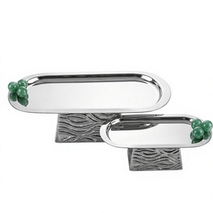 Handcrafted Metal Oval Platter Set Green Bead Handles Luxury Silver Serving Tray Pedestal Risers Buffet Food Server Decor - Product Image 2