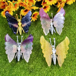 Popular Natural Product Crystal Crafts Handmade Silver Metal Carved Rainbow Fluorite Butterfly For Gift Decoration