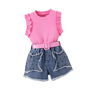 4-7Y <strong>Kids</strong> Clothes Girls Lace Sleeveless Top Star <strong>Sequin</strong> Denim <strong>Shorts</strong> With Belt 2Pcs Children Set Pink Summer Clothing for Girls - Product Image 4